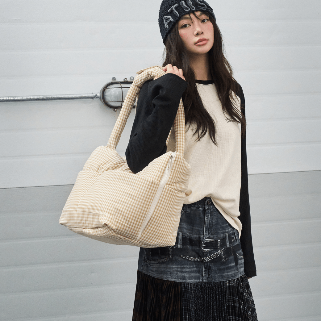 【9/9 20:00-】wide bag - plaid beige（APERTY）