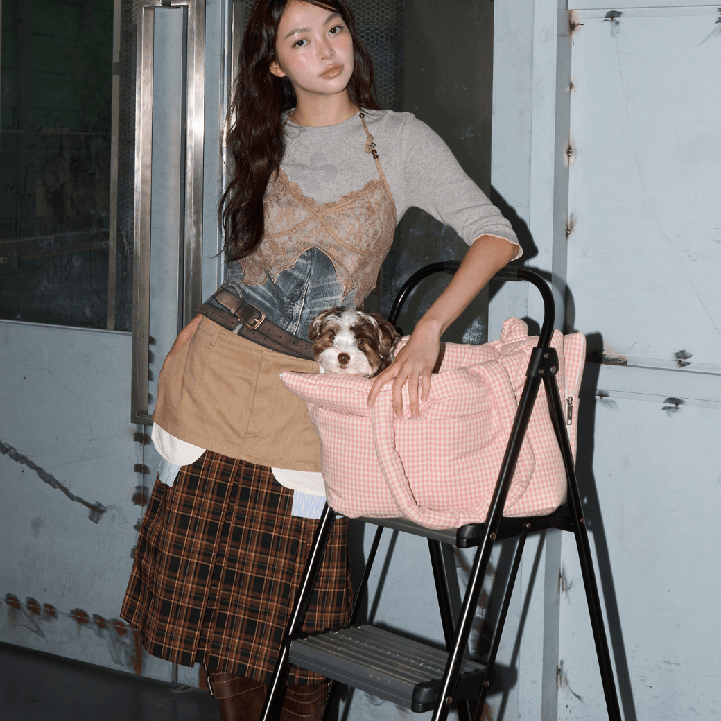 【9/9 20:00-】wide bag - plaid pink（APERTY）