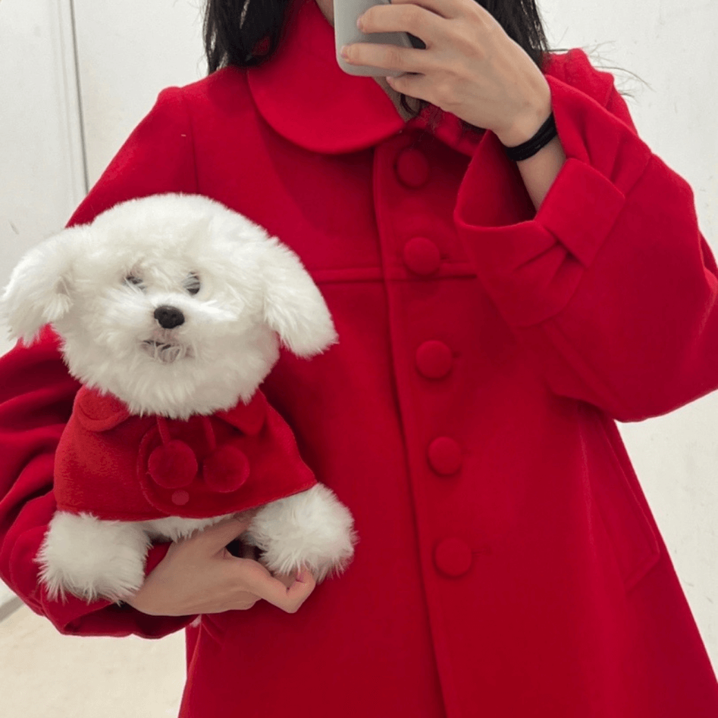 Reversible wool puppy pom-pom coat (Red)